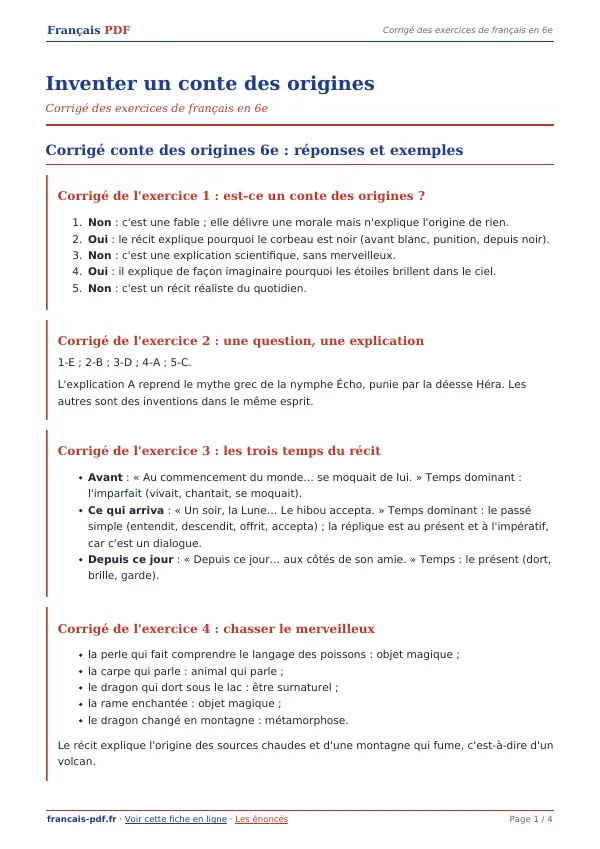 Corrigé « Inventer un conte des origines » en PDF