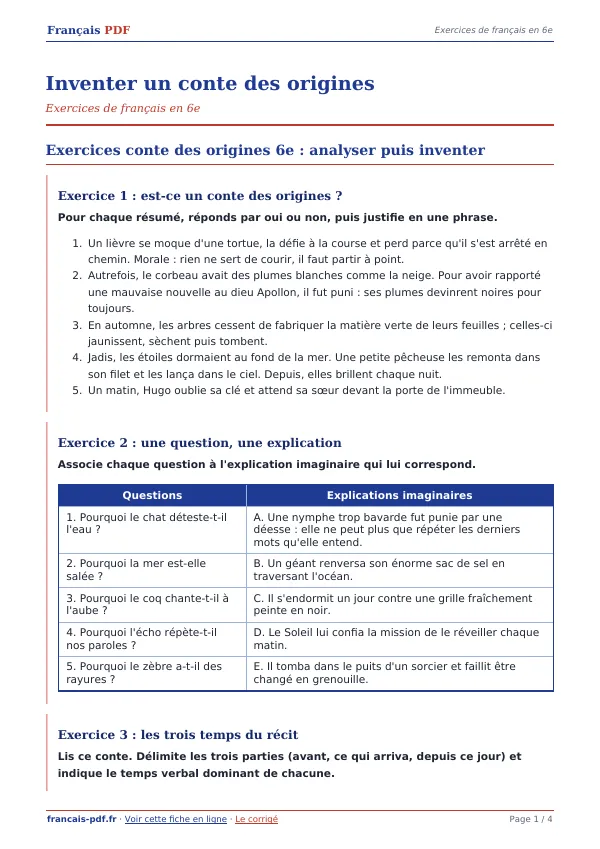 Exercices « Inventer un conte des origines » en PDF