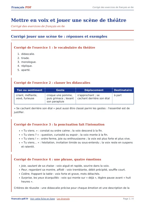 Corrigé « Mettre en voix et jouer une scène de théâtre » en PDF