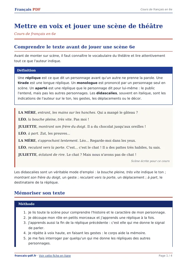 Cours « Mettre en voix et jouer une scène de théâtre » en PDF