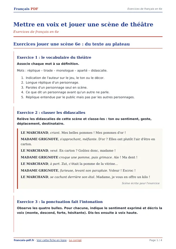 Exercices « Mettre en voix et jouer une scène de théâtre » en PDF