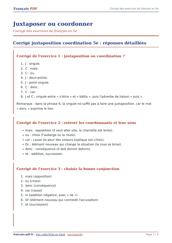 Corrigé « Juxtaposer ou coordonner » en PDF