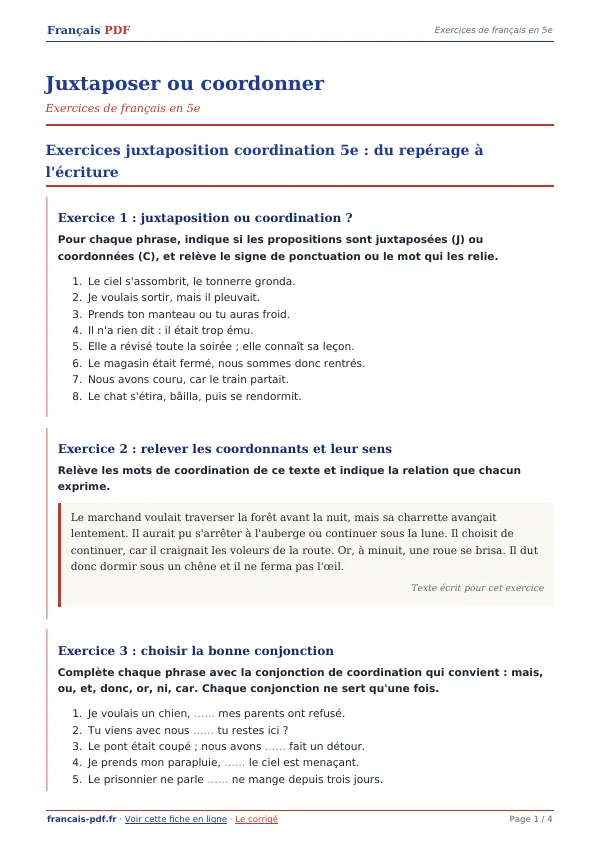 Exercices « Juxtaposer ou coordonner » en PDF