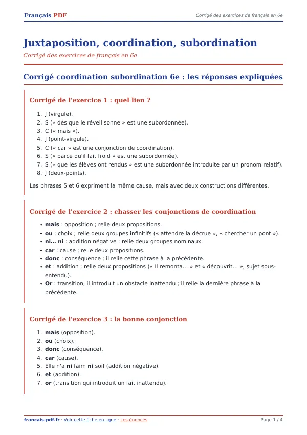 Corrigé « Juxtaposition, coordination, subordination » en PDF