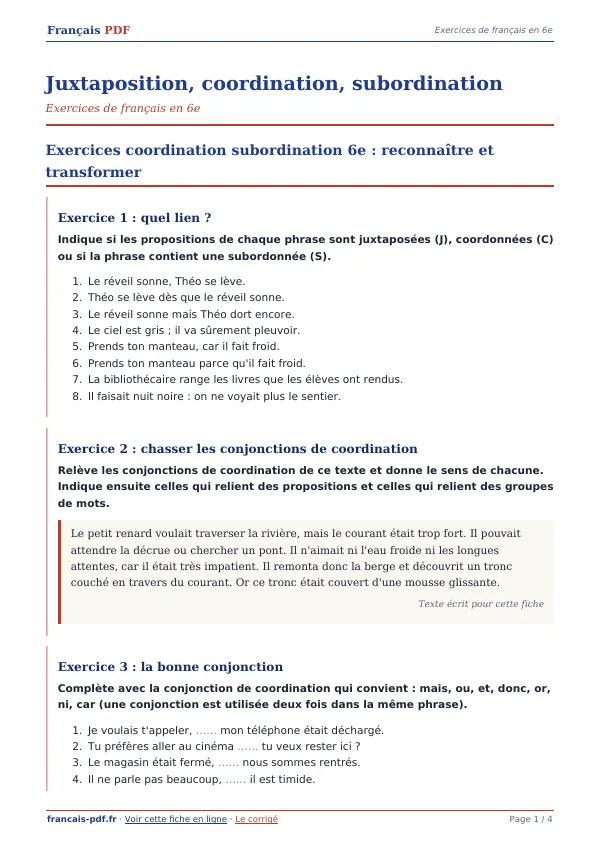 Exercices « Juxtaposition, coordination, subordination » en PDF
