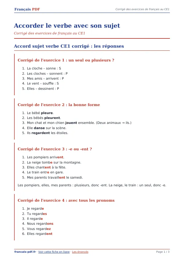 Corrigé « Accorder le verbe avec son sujet » en PDF