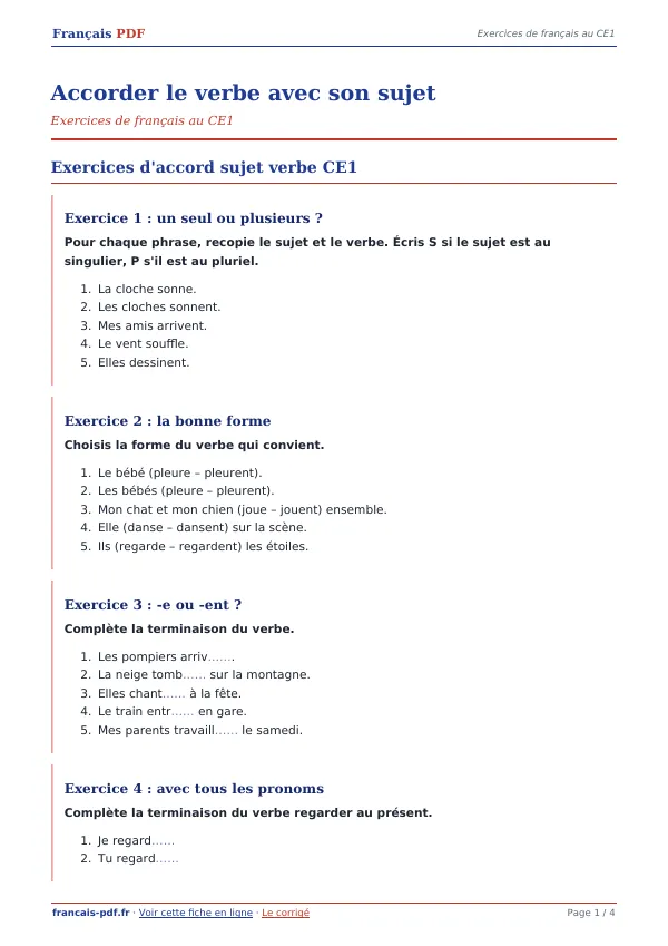 Exercices « Accorder le verbe avec son sujet » en PDF