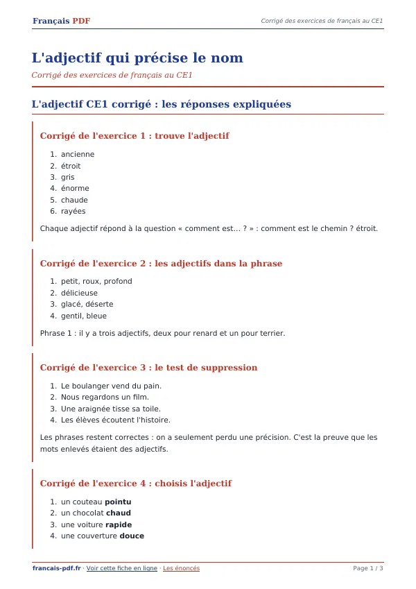 Corrigé « L’adjectif qui précise le nom » en PDF