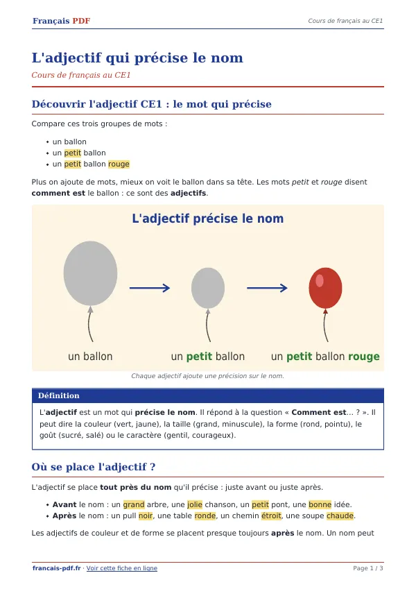 Cours « L’adjectif qui précise le nom » en PDF