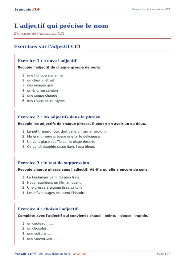 Exercices « L’adjectif qui précise le nom » en PDF