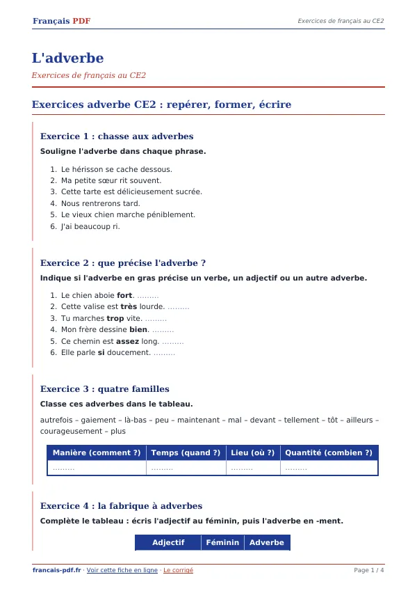 Exercices « L’adverbe » en PDF