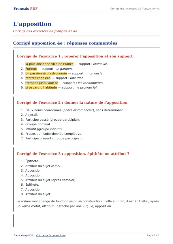 Corrigé « L’apposition » en PDF