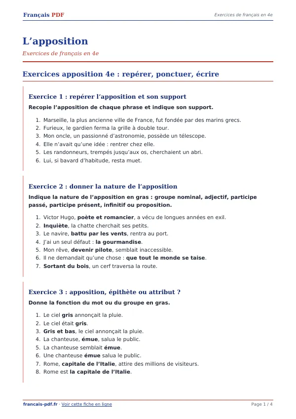 Exercices « L’apposition » en PDF