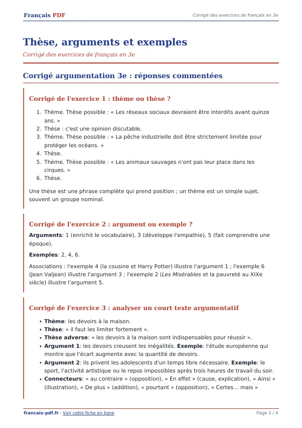 Corrigé « Thèse, arguments et exemples » en PDF