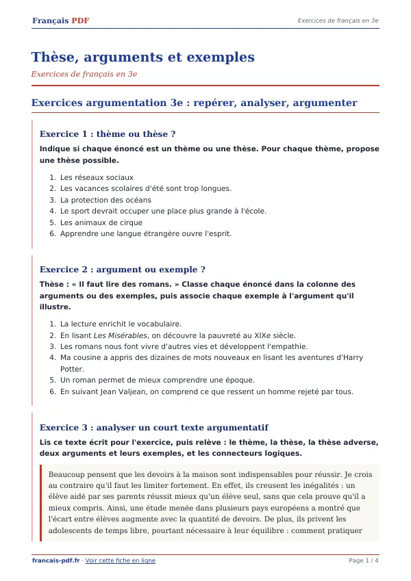Exercices « Thèse, arguments et exemples » en PDF