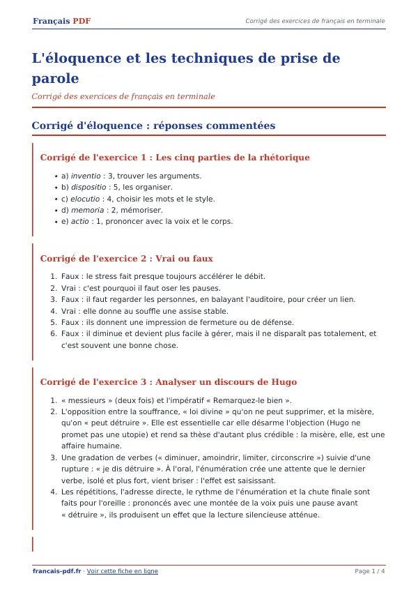 Corrigé « L’éloquence et les techniques de prise de parole » en PDF