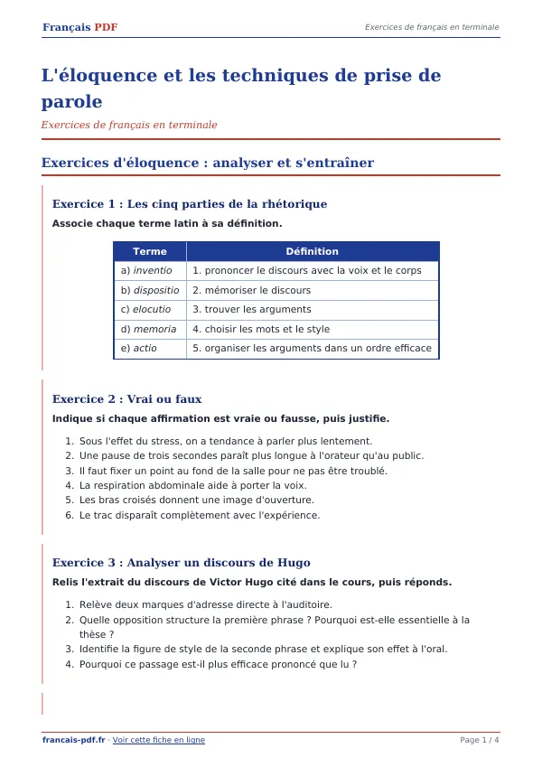 Exercices « L’éloquence et les techniques de prise de parole » en PDF