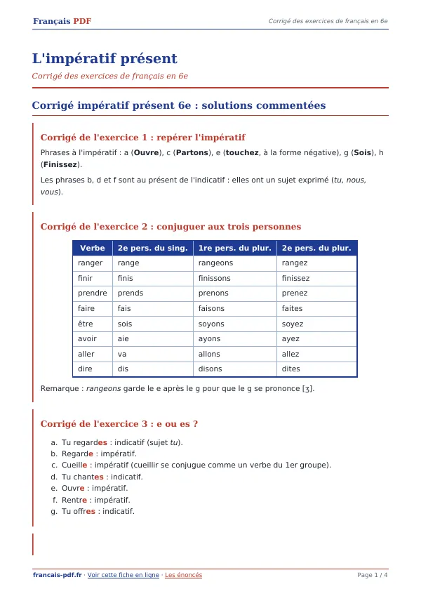 Corrigé « L’impératif présent » en PDF