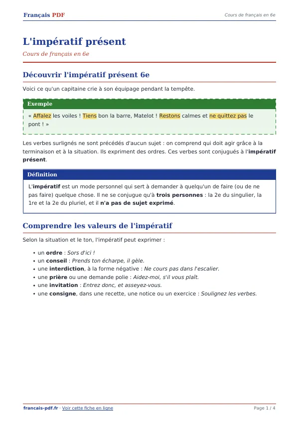 Cours « L’impératif présent » en PDF