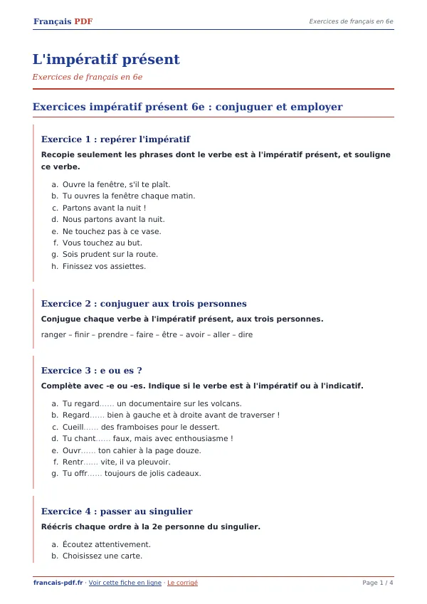 Exercices « L’impératif présent » en PDF