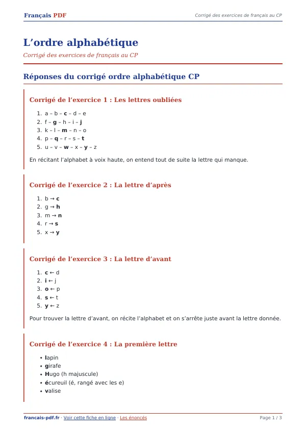 Corrigé « L’ordre alphabétique » en PDF