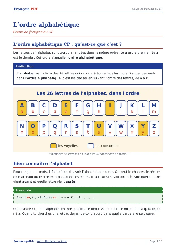 Cours « L’ordre alphabétique » en PDF