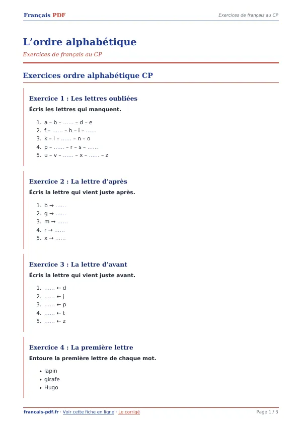 Exercices « L’ordre alphabétique » en PDF