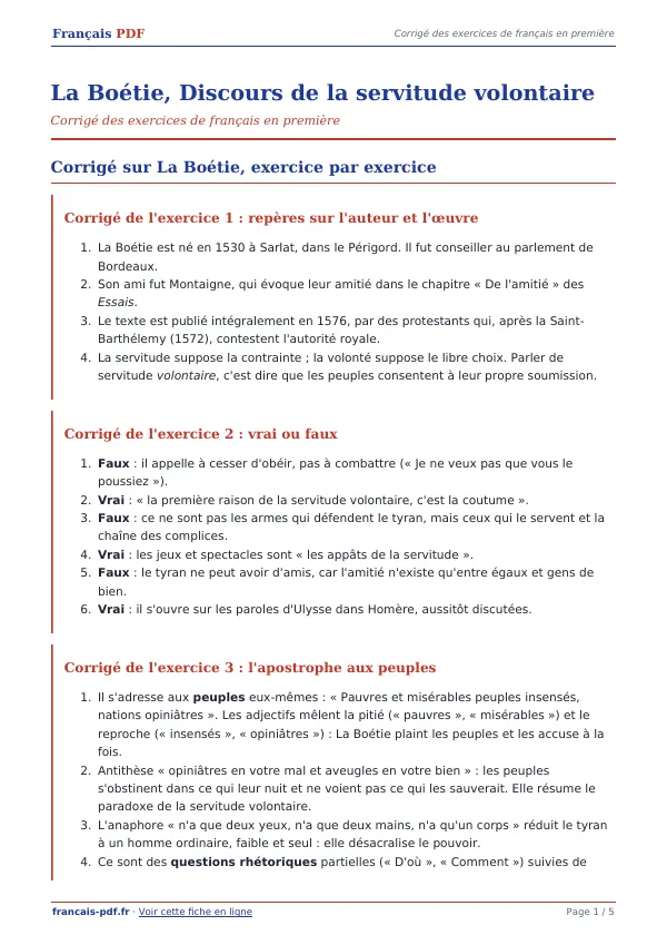 Corrigé « La Boétie, Discours de la servitude volontaire » en PDF