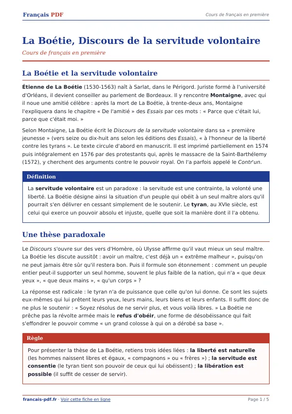 Cours « La Boétie, Discours de la servitude volontaire » en PDF
