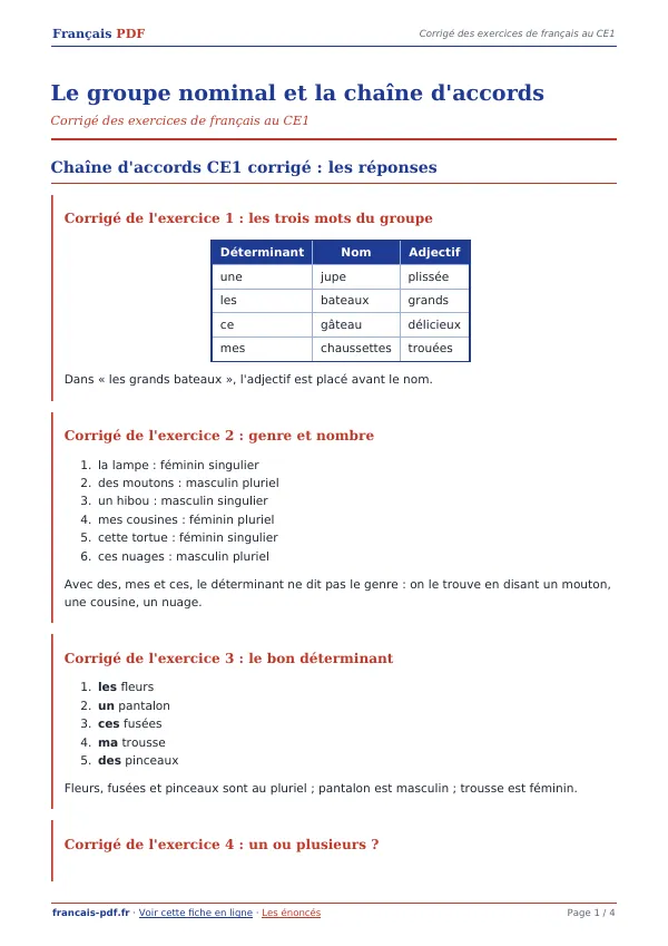 Corrigé « Le groupe nominal et la chaîne d’accords » en PDF