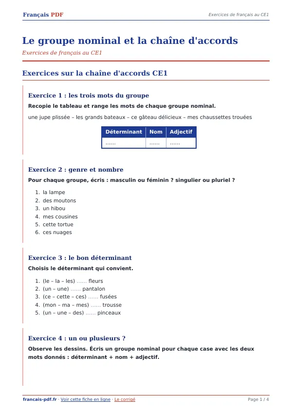Exercices « Le groupe nominal et la chaîne d’accords » en PDF