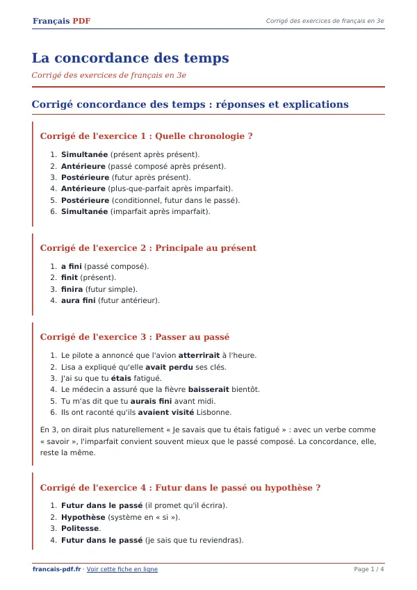 Corrigé « La concordance des temps » en PDF