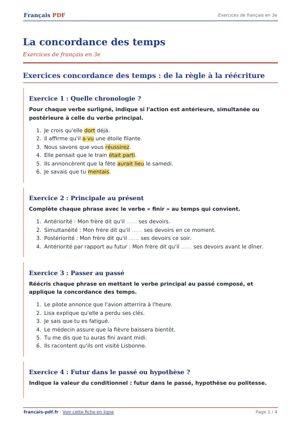Exercices « La concordance des temps » en PDF