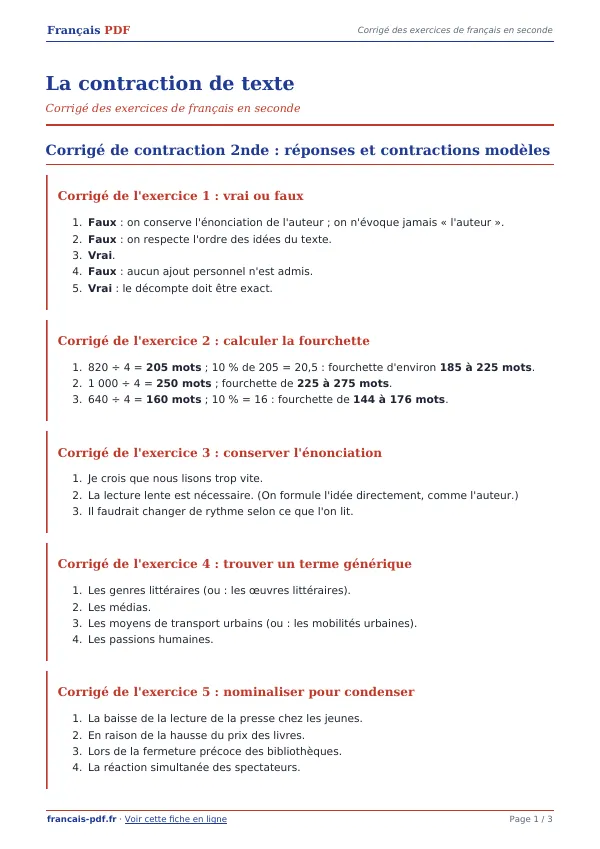 Corrigé « La contraction de texte » en PDF
