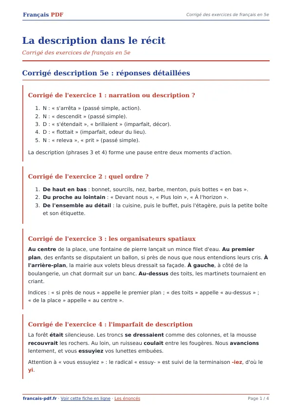 Corrigé « La description dans le récit » en PDF
