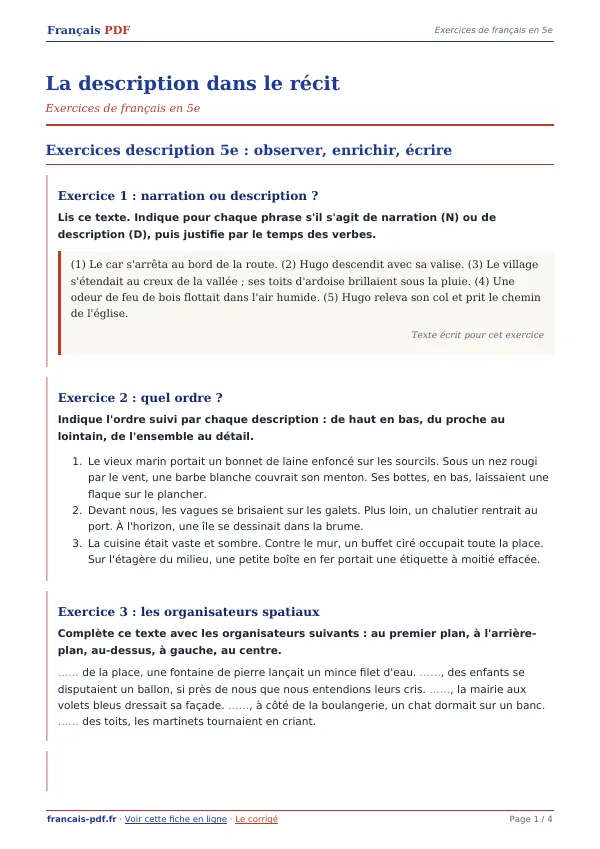 Exercices « La description dans le récit » en PDF