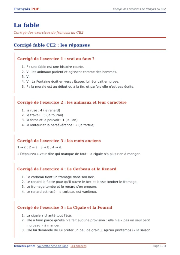 Corrigé « La fable » en PDF