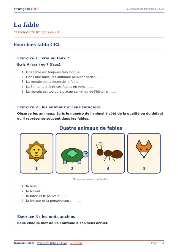 Exercices « La fable » en PDF