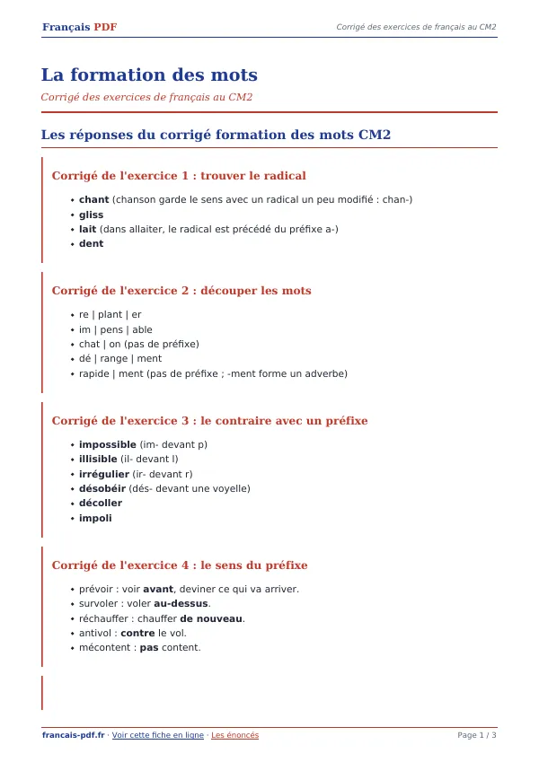 Corrigé « La formation des mots » en PDF