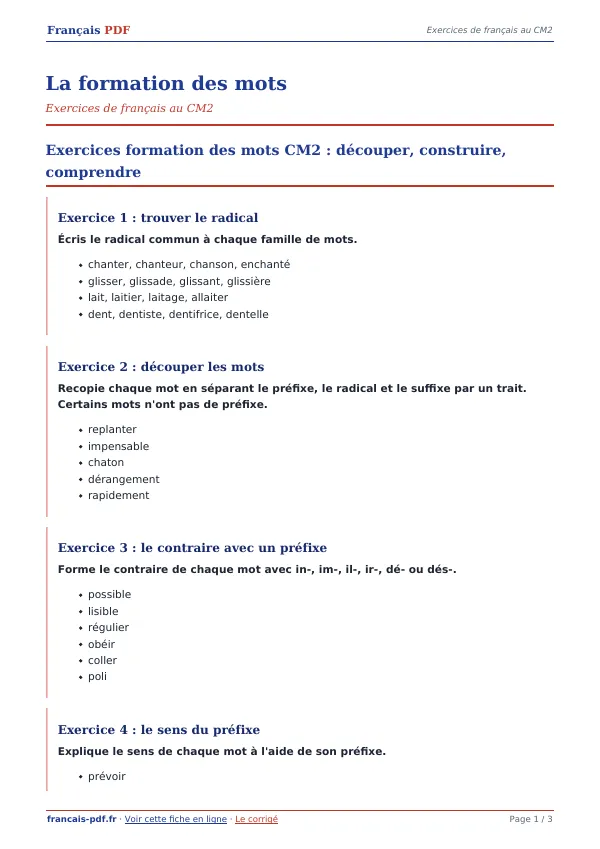Exercices « La formation des mots » en PDF