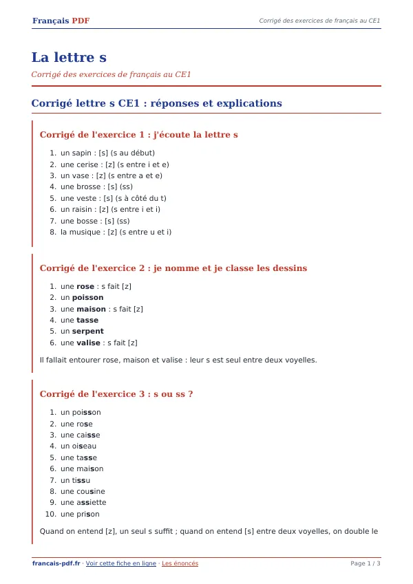 Corrigé « La lettre s » en PDF