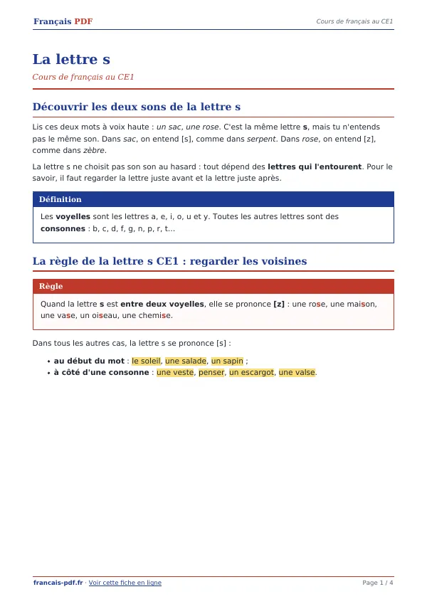 Cours « La lettre s » en PDF