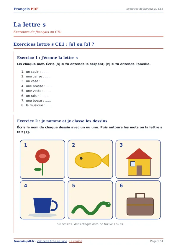 Exercices « La lettre s » en PDF