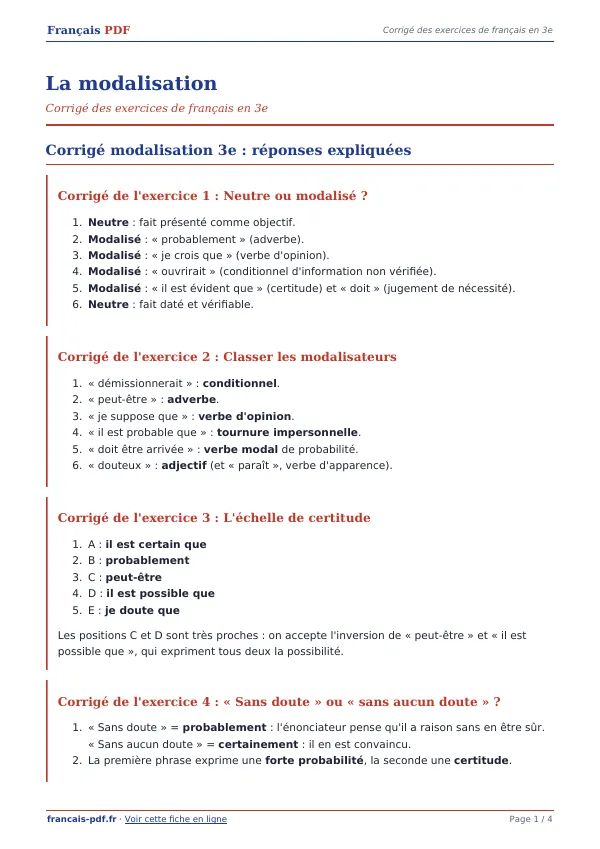 Corrigé « La modalisation » en PDF