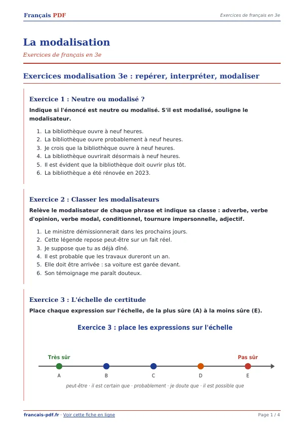 Exercices « La modalisation » en PDF