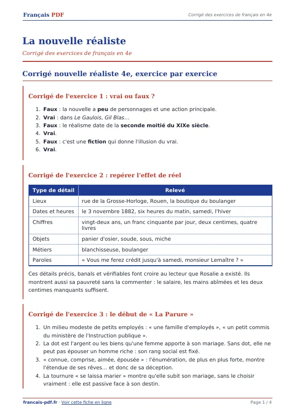 Corrigé « La nouvelle réaliste » en PDF