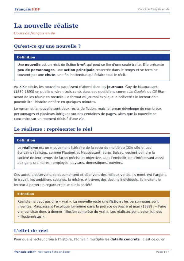Cours « La nouvelle réaliste » en PDF