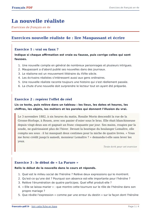 Exercices « La nouvelle réaliste » en PDF