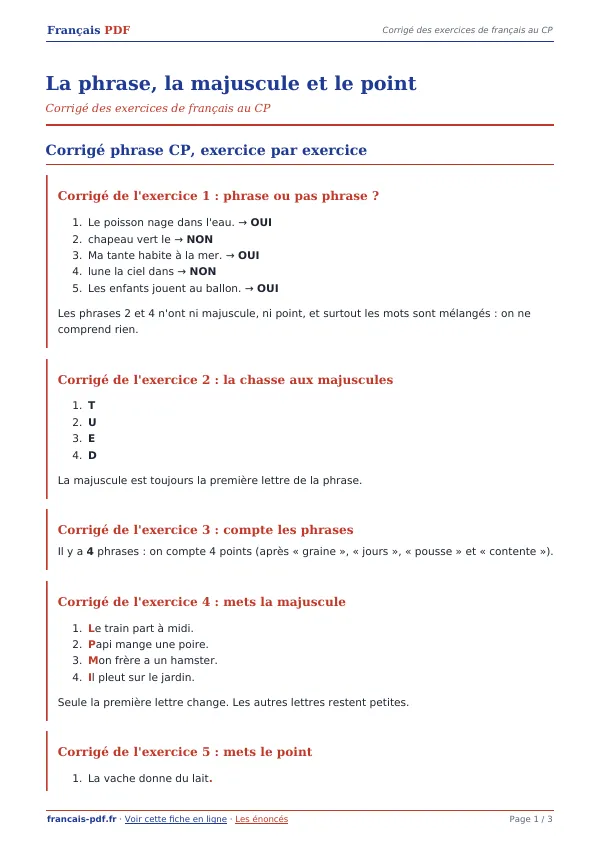 Corrigé « La phrase, la majuscule et le point » en PDF
