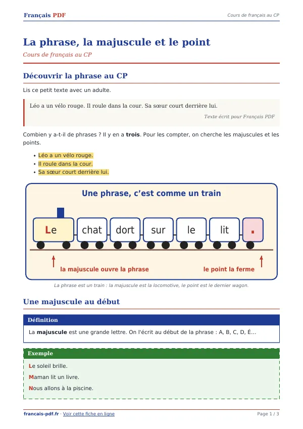 Cours « La phrase, la majuscule et le point » en PDF